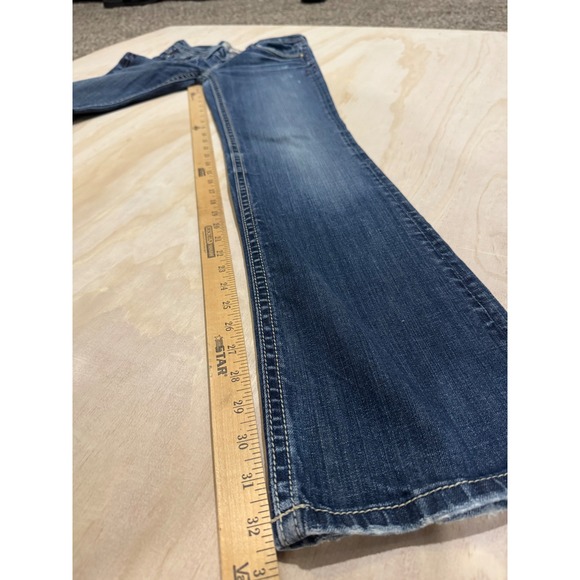 MEK Denim Jaipur Bootcut Jeans Womens 26x34 Dark Wash Distressed Y2K Embroidered - Picture 5 of 16